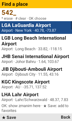 Searching for an airport by typing its letters on the keypad